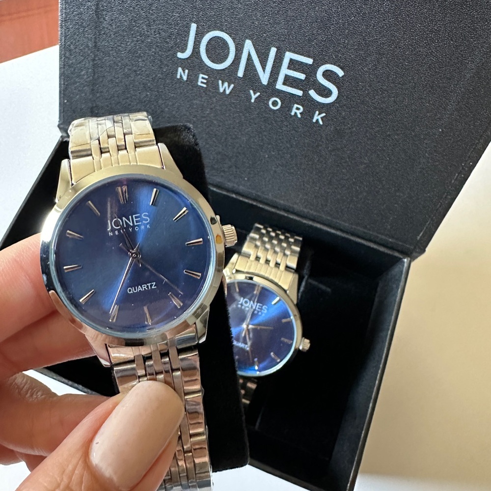 🆕 Jones New York His & Hers Watch Chrome Blue Face Bracelet Watch Gift Set - Picture 9 of 15
